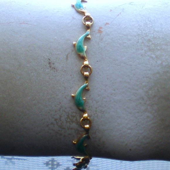 Vintage Solid 14K Yellow Gold Turquoise Blue Enamel Dolphin Tennis BRACELET - Picture 2 of 6